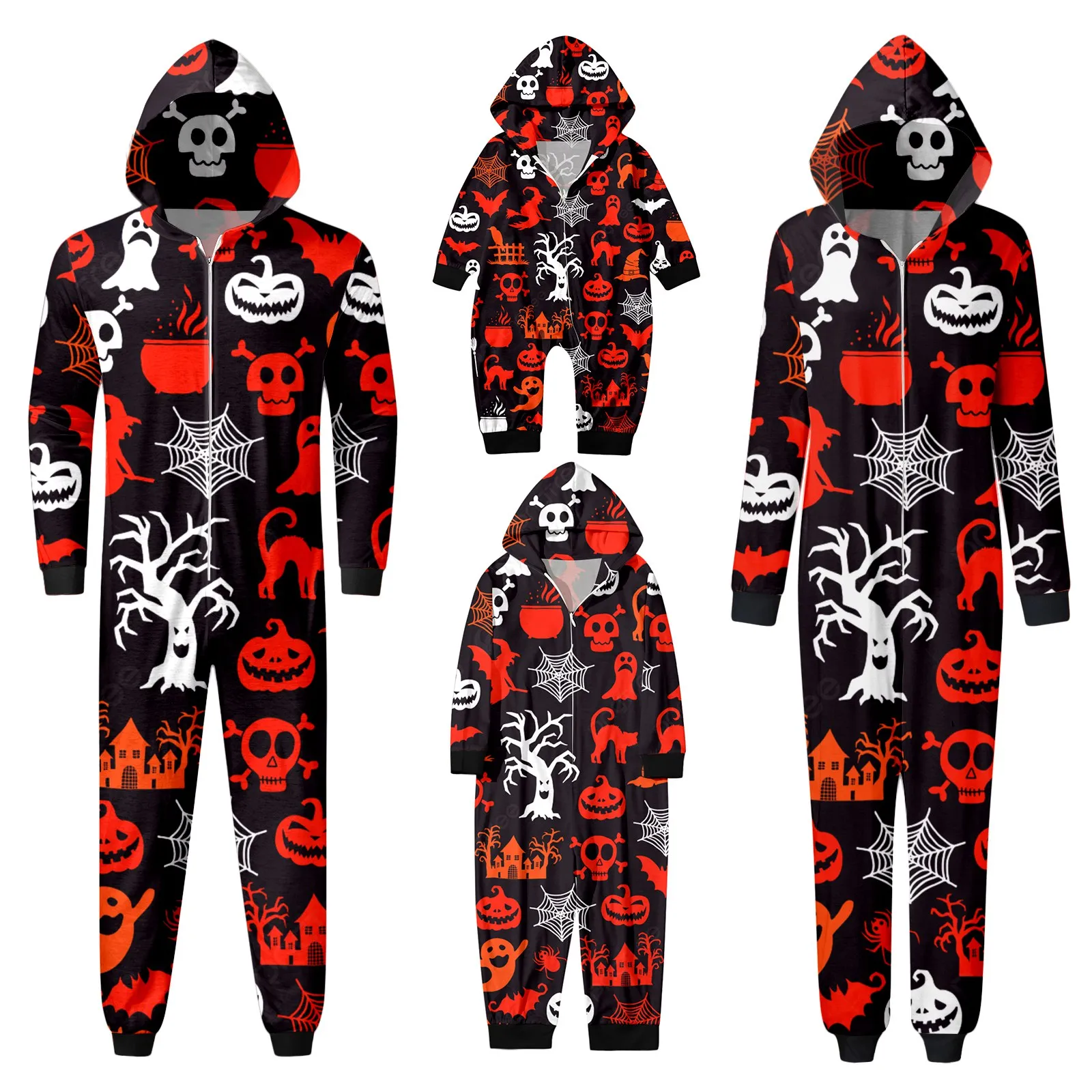 Pijama combinando pai-filho com estampa de cabeça de caveira, roupas cosplay Halloween, roupas de família, macacão com zíper, roupas com capuz