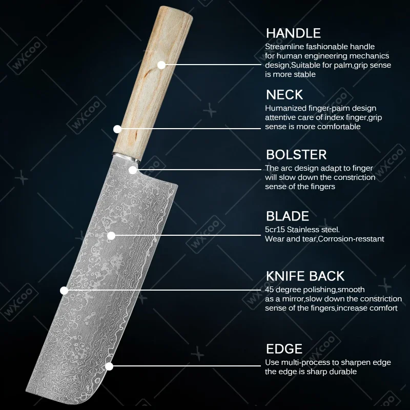 WXCOO High Carbon Kitchen Knives Set Forged Japanese Chef\'s Knives Damascus Steel Boning Knife Sharp Meat Cleaver Fruit Peeler