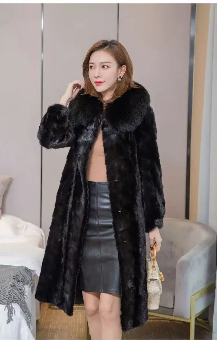 Frauen Echte Nerz Pelz Mäntel Lange Winter Jacken Echt Fox Pelz Kragen Dicke Warme Parka Mantel