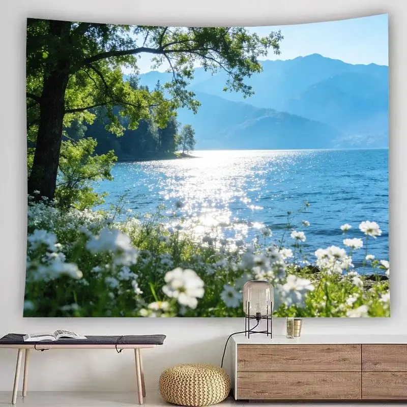 VIKAMA Minimalist Fresh Nature Tapestry, White Daisy Green Foliage Shimmering Lake Blue Mist Mountain Wall Decor Blanket