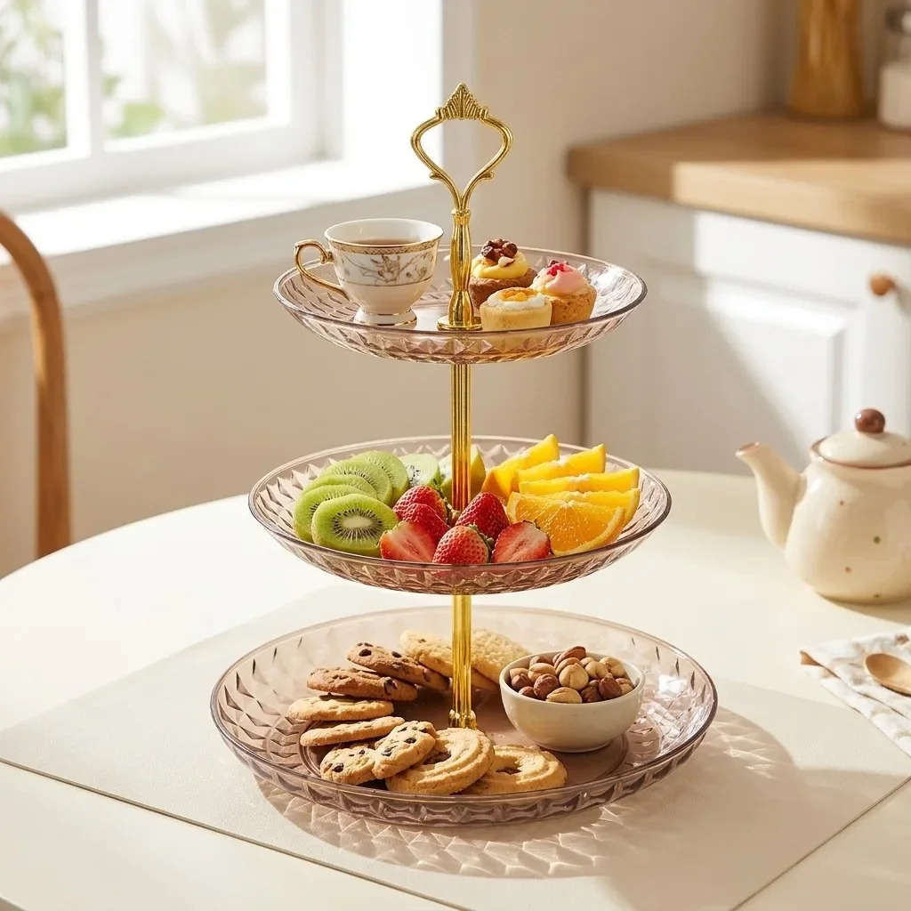 2/3 Tier Serving Tray Cake Stand Reusable Plastic Plates Serving Dishes Dessert Plate Fruit Bowl Snack Dish PET Food Tray Handle