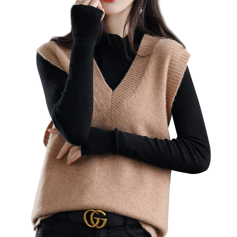 Colete de Lã 100% Pura para Mulheres, Suéter Tricotado com Decote em V, Moda Versátil, Almofada de Ombro para Uso Diário