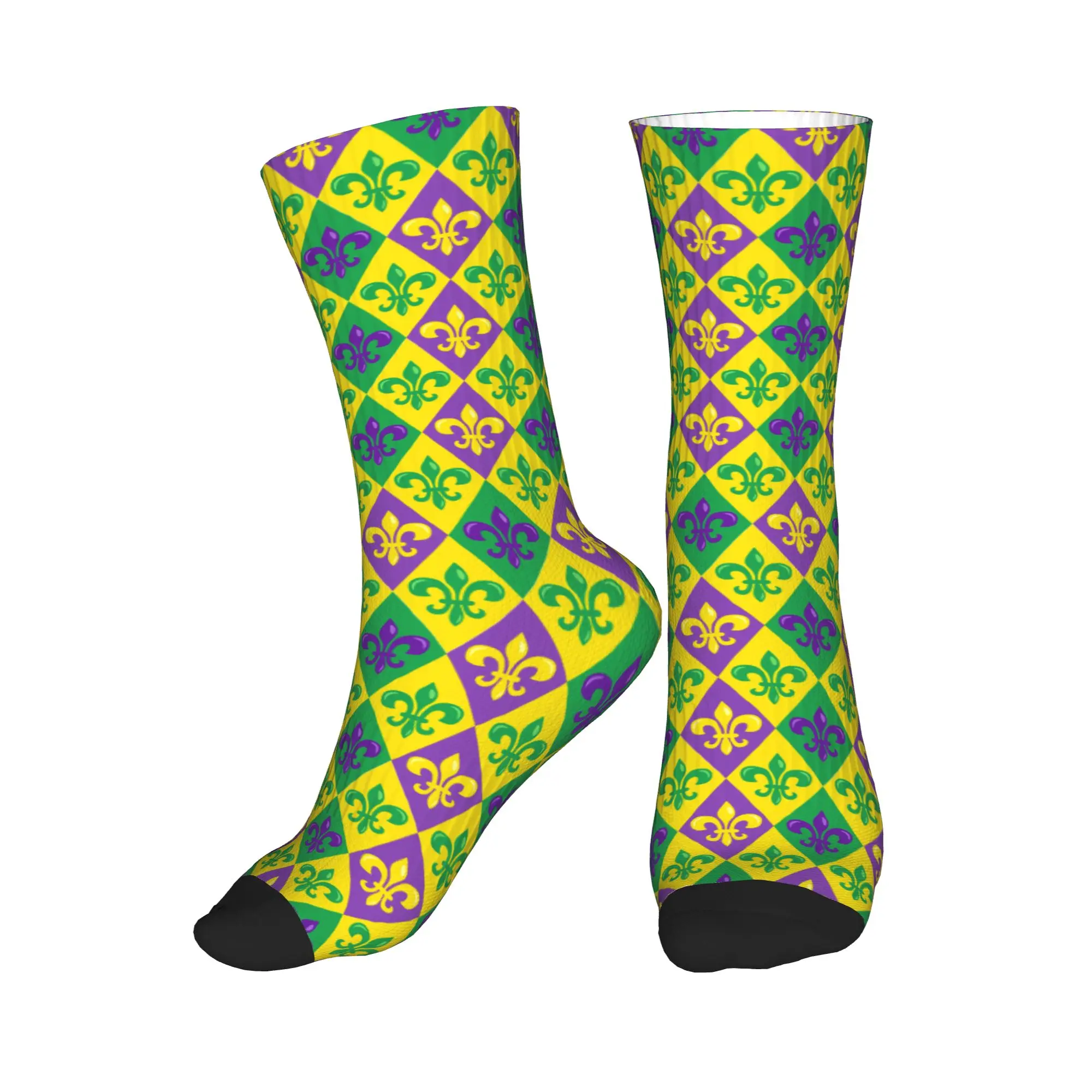 

Mardi Gras Fleur De Lis Flower Dress Socks for Men Women Warm Fashion Novelty Crew Socks