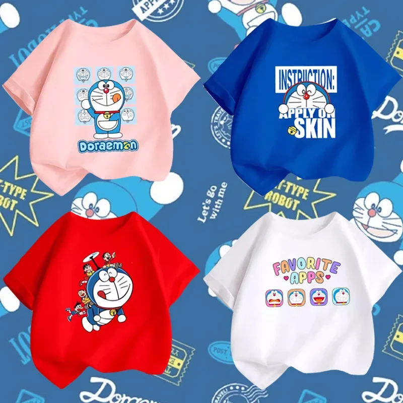 

Children 3-14 years old 100% cotton t-shirt summer Doraemon cartoon parent-child t-shirt casual fashion children's clothing