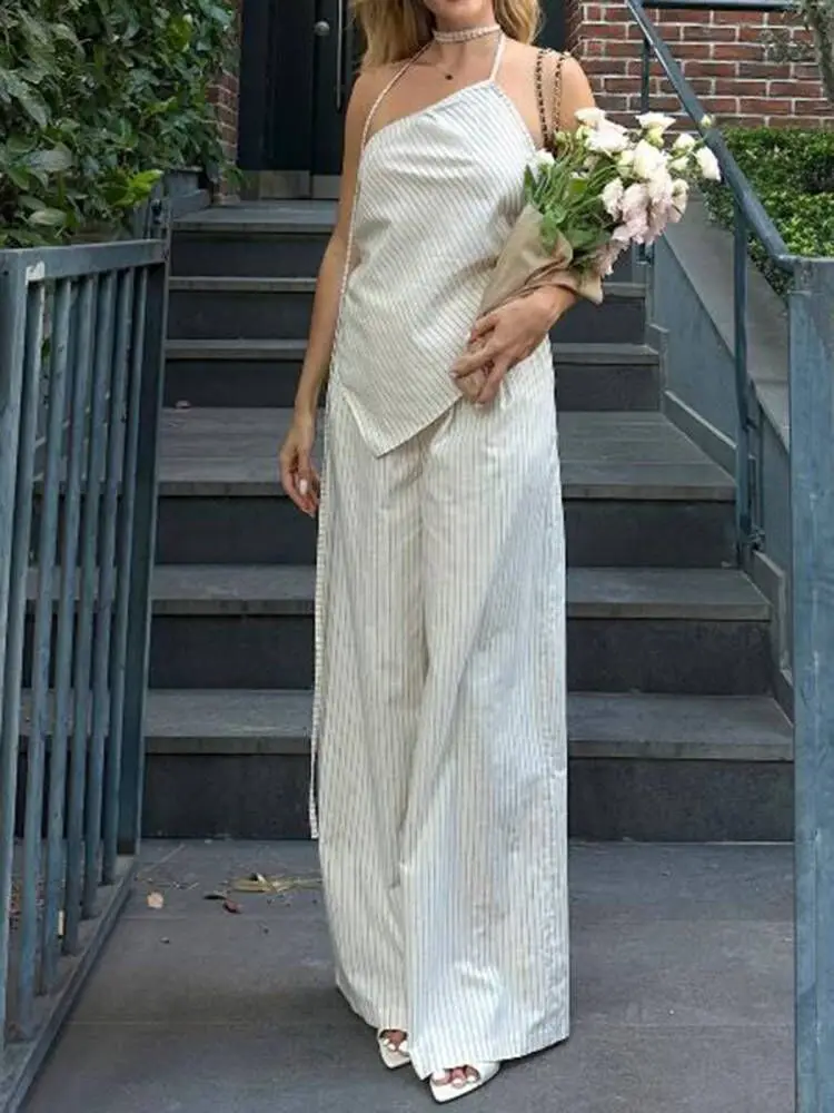 

Женский модный полосатый наряд в стиле бохо с принтом, весенний сексуальный комплект из топа и брюк на одно плечо, летний комплект из 2 предметов с открытой спиной, лето 2025 г.