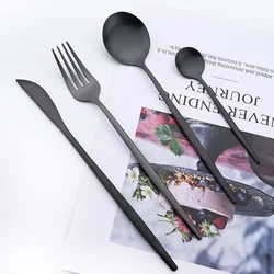 4Pcs Black Cutlery Set Matte Knife Fork Spoon Dinnerware Set Flatware Stainless Steel Silverware Party Kitchen Tableware Set