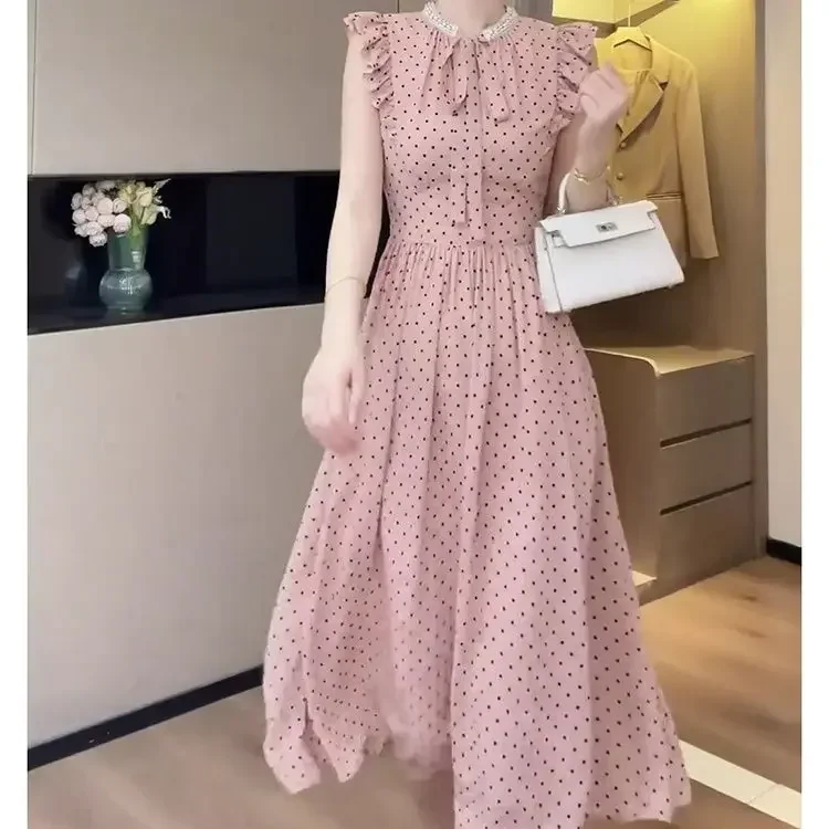 

Pop Korean Pink Polka-dot Dress Female Spring And Summer New Design Sense Bubble Sleeve Fashion Temperament Waist Slim A-line Sk