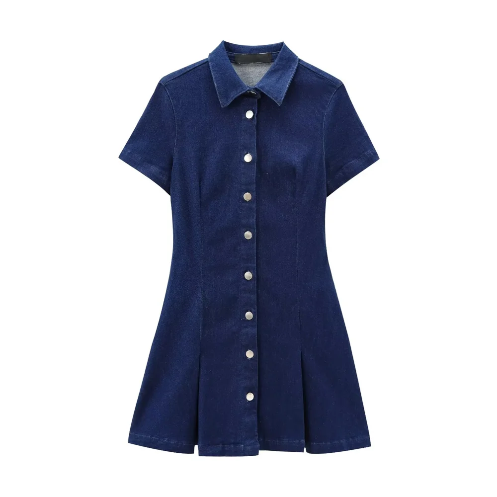 2024 Autumn New Women\'s Casual Fashion Style Versatile Collar Short Sleeve Wide Fold A-line Bottom Denim Mini Dress