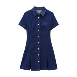 2024 Autumn New Women's Casual Fashion Style Versatile Collar Short Sleeve Wide Fold A-line Bottom Denim Mini Dress