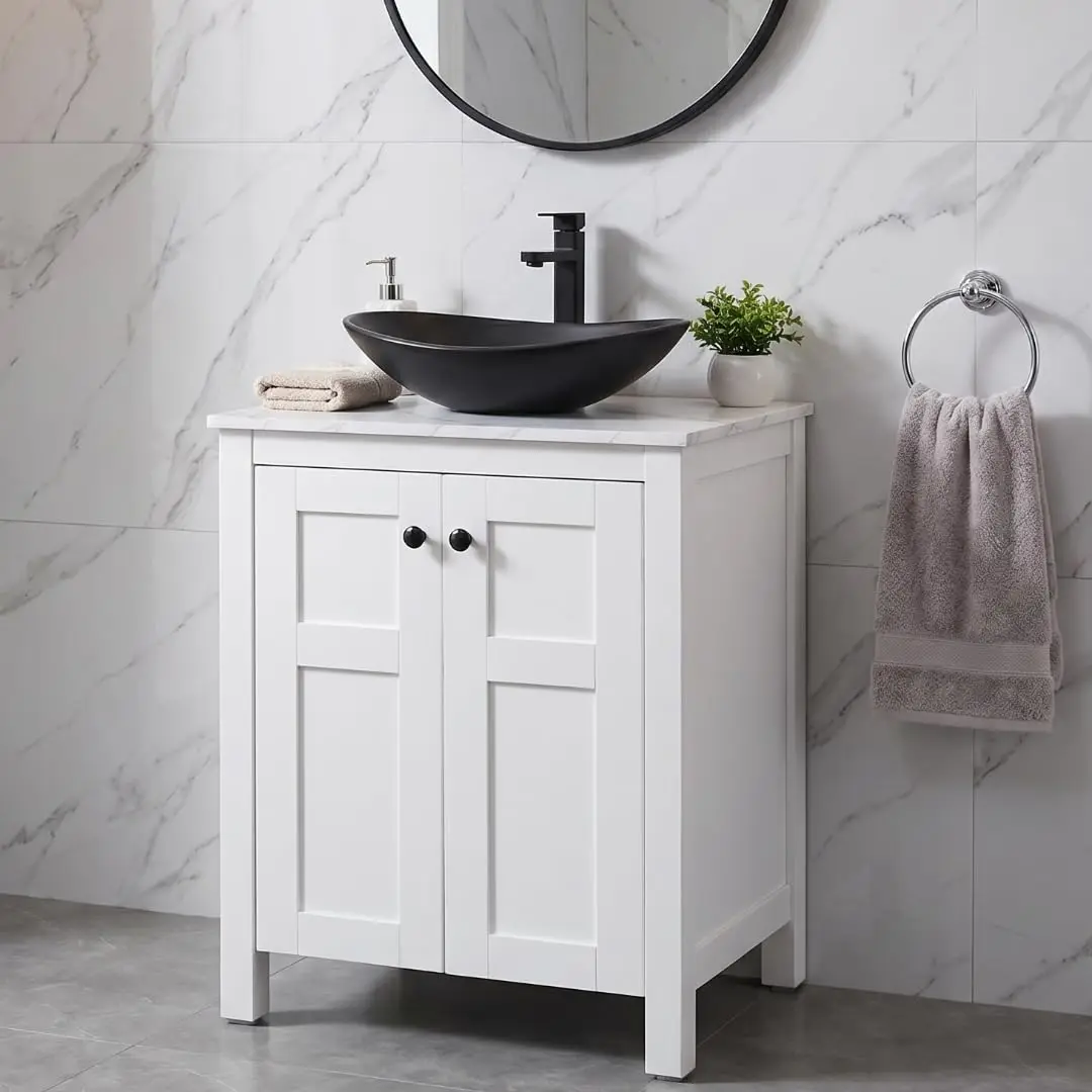 24 Inch White Bathroom Vanity with Marble Texture Top, Traditional Standing Pedestal Cabinet with Black Boat Ceramic