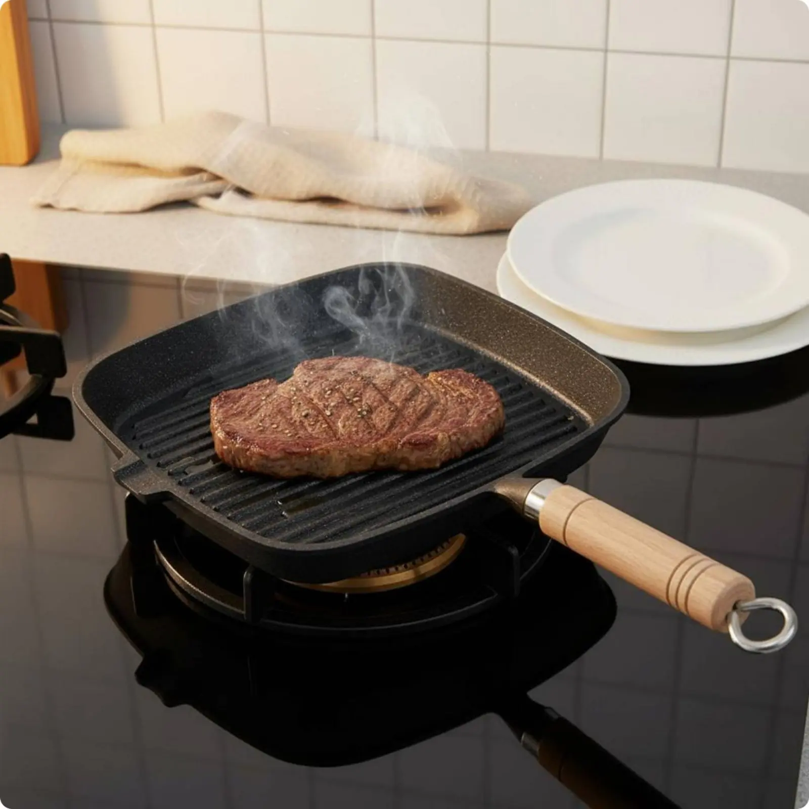 Ribbed Frying Pan Even Heat Square Grill Pan Cast Iron Skillet Long-Lasting Cookware PFASPFAS-Absent