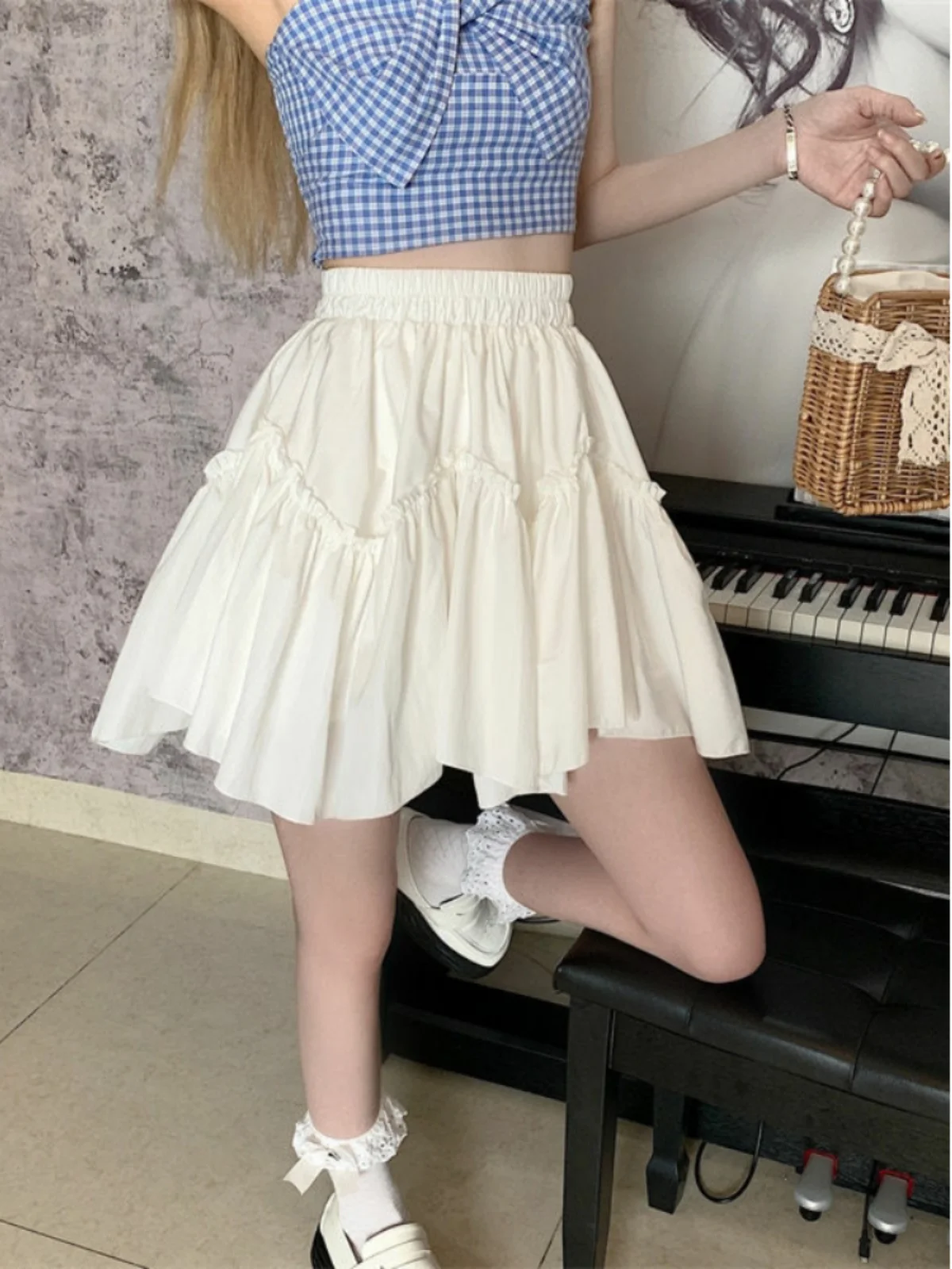 

Summer Asymmetrical Chiffon Pleated ort Skirt High Waist A-Line Skirt Women Slimming Elastic Sweet New Sle