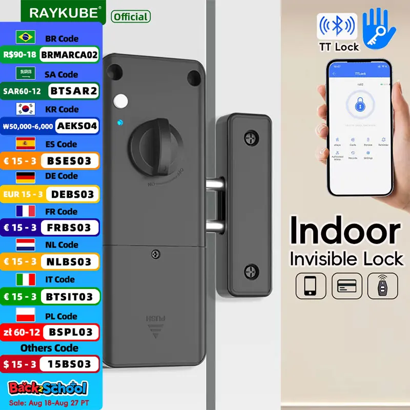 

RAYKUBE RX02 Drilling Free TT Lock Bluetooth Indoor Invisible Smart Lock with 13.56 IC Card /TT Lock APP/Remote control Unlock