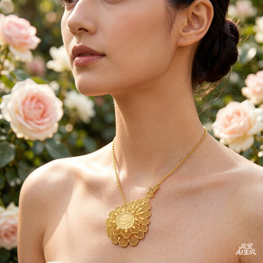 Women's Flower Shape Wedding French Coin Pendant Necklace Beautifully Designed Algerian Metal Accessory for Robe