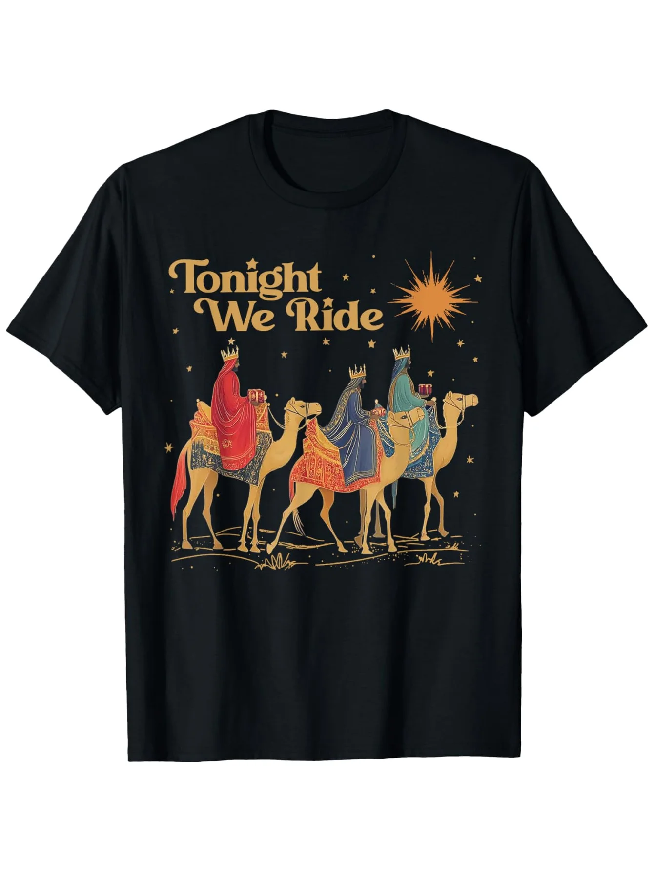 3 Wise Men Tonight We Ride Christmas T-Shirt - Nativity Story Balthazar Melchizedek Caspar Print, Religious Holiday Party Outfit, Round Neck Casual Tee for Xmas Celebrations & -Themed Events