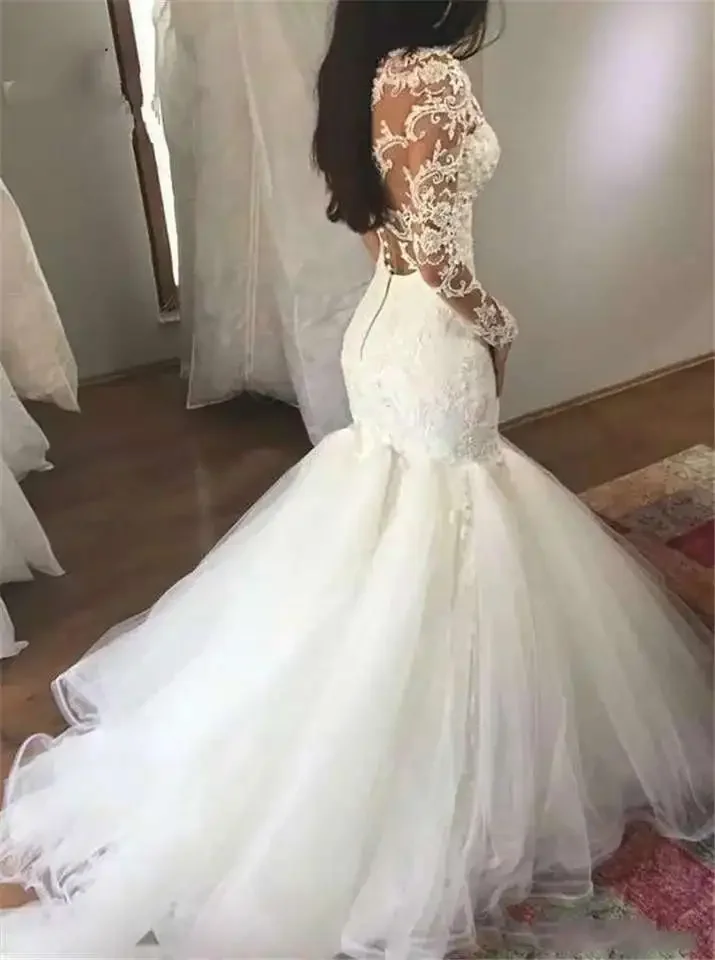 Customized Modest V Neck Long Sleeves Bridal Gown Lace Applique Sweep Train African Mermaid Wedding Dresses With Buttons Back