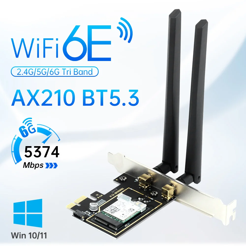 

Беспроводной адаптер Wi-Fi 6E AX210 PCIE BT 5.3 Tri Band 802.11ax 5374 Мбит/с с удлинителем PCIE 3.0 10 см для ПК Win 10/11