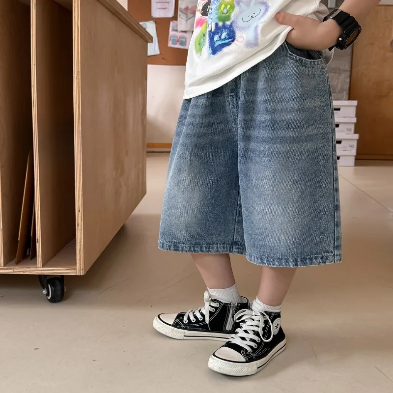 

Summer Trendy Denim Shorts for Kids Baby Retro Style Calf-length Jeans Boys Elastic Waist Loose Short Pants Children Outwear