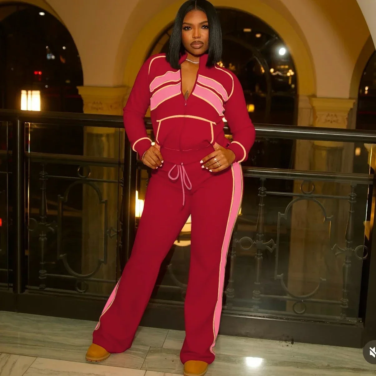 خريف جديد أزياء رياضية امرأة 2 قطعة مجموعة الزي شريطية المرقعة سستة المحاصيل سترة وسراويل رياضية الشارع الشهير