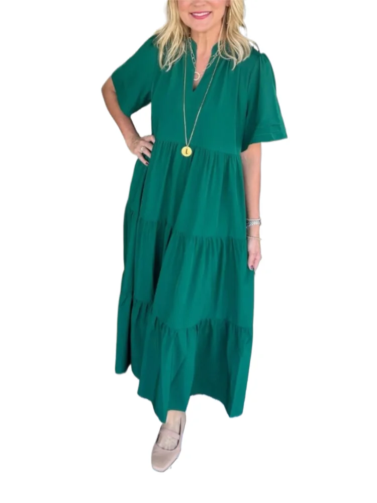 

Women's Fashion Ruffles Loose Dress Casual Solid Short Sleeve V Neck Pullover Dresses Robe Femme Holiday Womens Clothing Summer