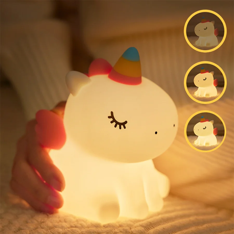 Unicorn Cute Silicone LED Night Light Gift for Kids Children USB Rechargeable Cartoon Animal Touch Pat Night Lamp Bedroom Decor