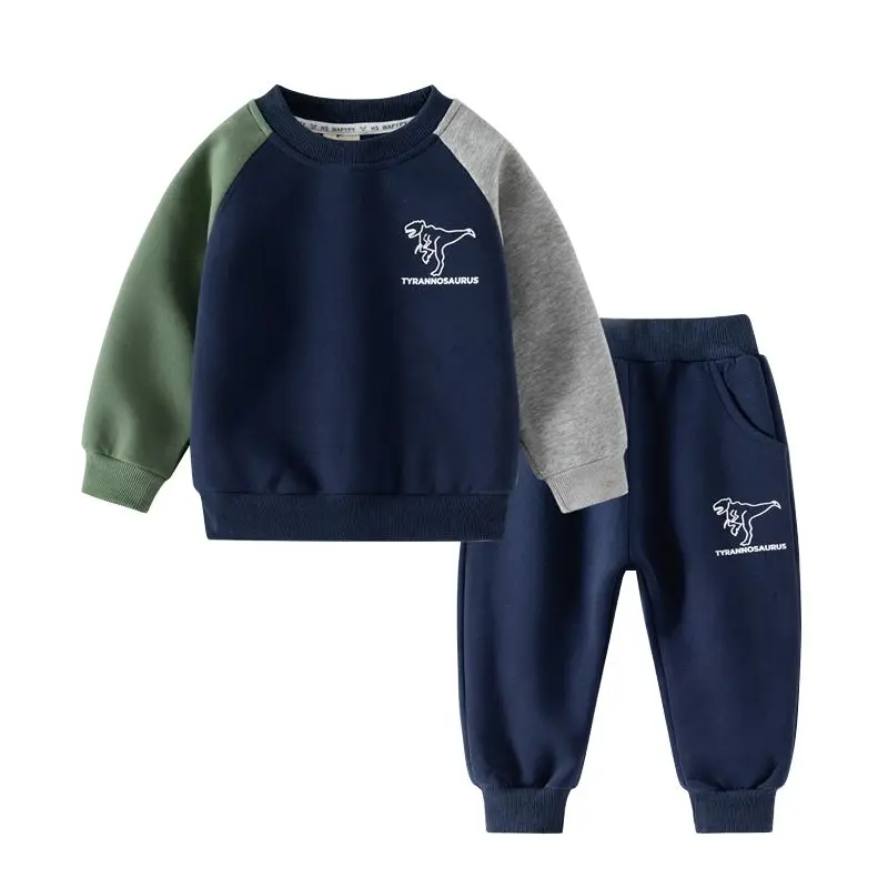 2Pcs Boy Clothing Pullover Color-Blocked Sweatshirt+Elastic Waist Pant Spring Fall Kid Cotton Loose Skin-Friendly Suit Sport Set