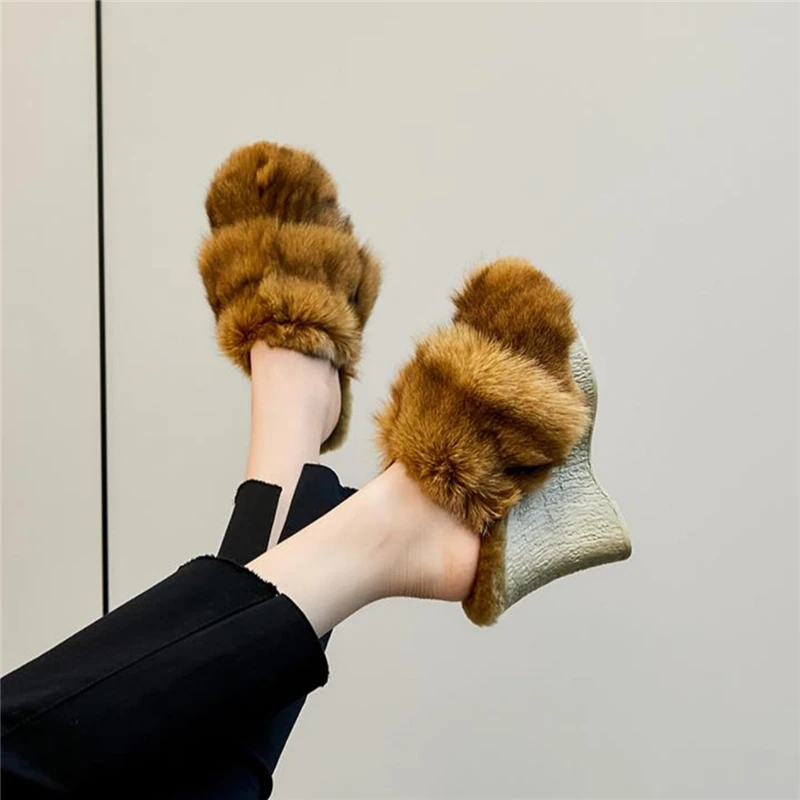 Fox Fur Women Slippers Closed Toe Thick Sole Platform Wedge Shoes Winter Warm 11CM High Heels Outside Furry Mules Dress Pumps