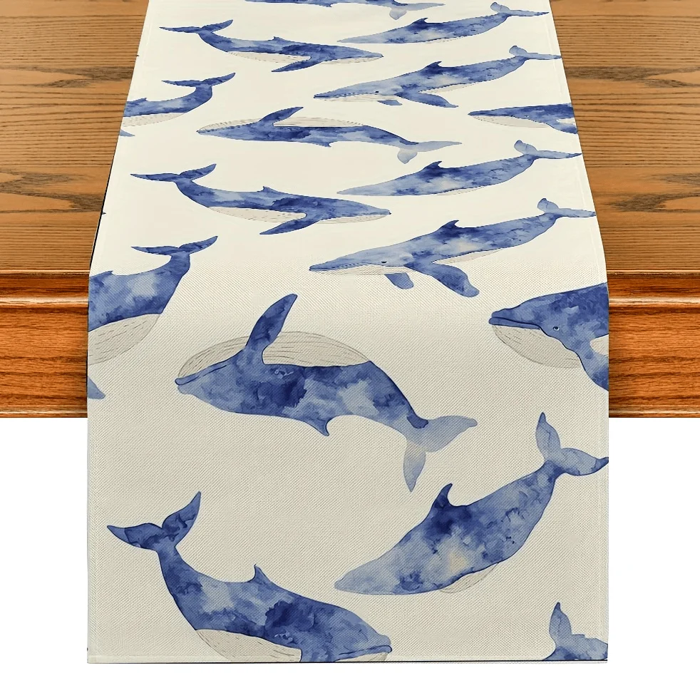 Ozean-Aquarell-Wal- und Muschel-Tischläufer – Dekor für Küche, Esszimmer, nautisches Strandhaus, Wohnaccessoires