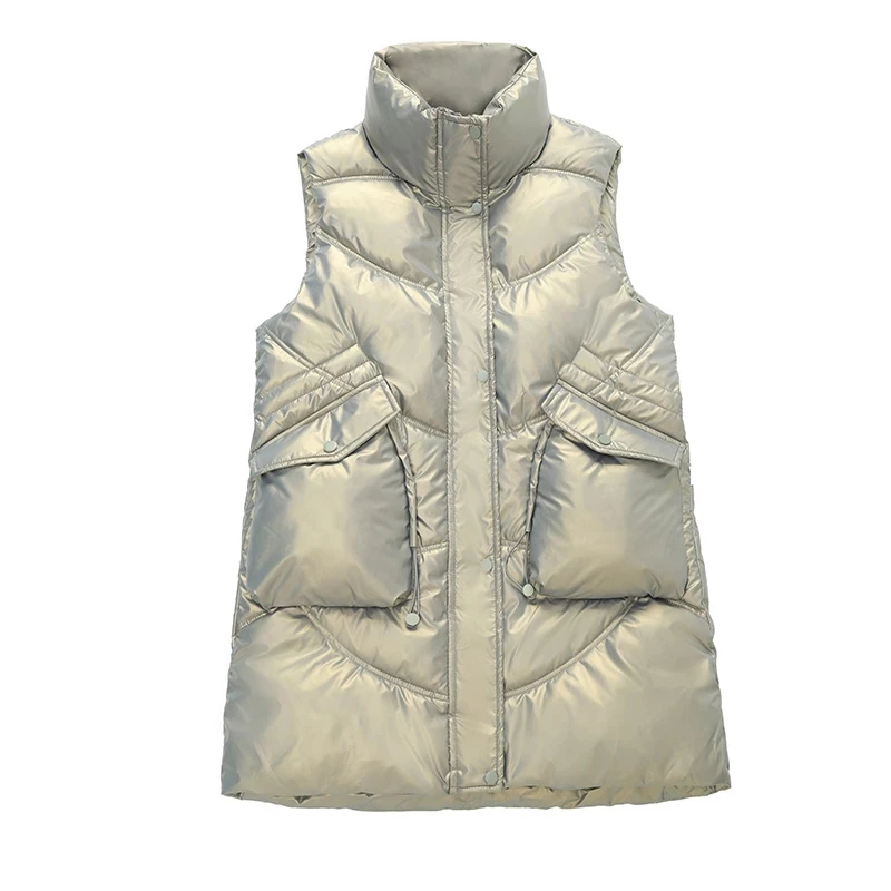 

Winter Women Long Glossy Vest Solid Hooded Sleeveless Jacket Down Cotton Padded Thick Casual Outerwear Keep Warm Lady Waistcoat