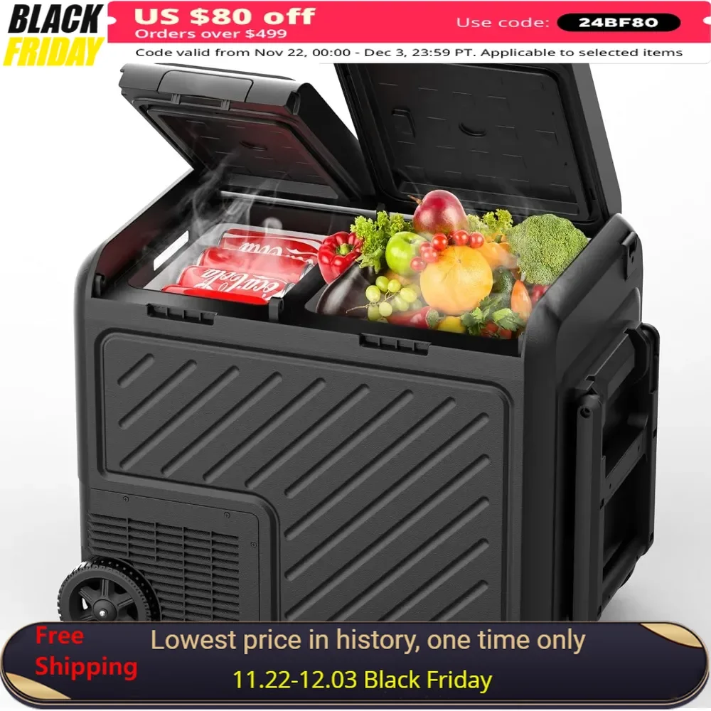 48 quart portable car refrigerator, dual zone freezer (-8 ° F~68 ° F), compressor electric cooler with 12/24V DC, 100-240V AC