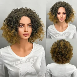 14 inch Blonde Curly Wigs Kinky Brown Mixd Blonde Afro Wigs for Black Women Synthetic Afro Curly Blonde for Women Daily Use