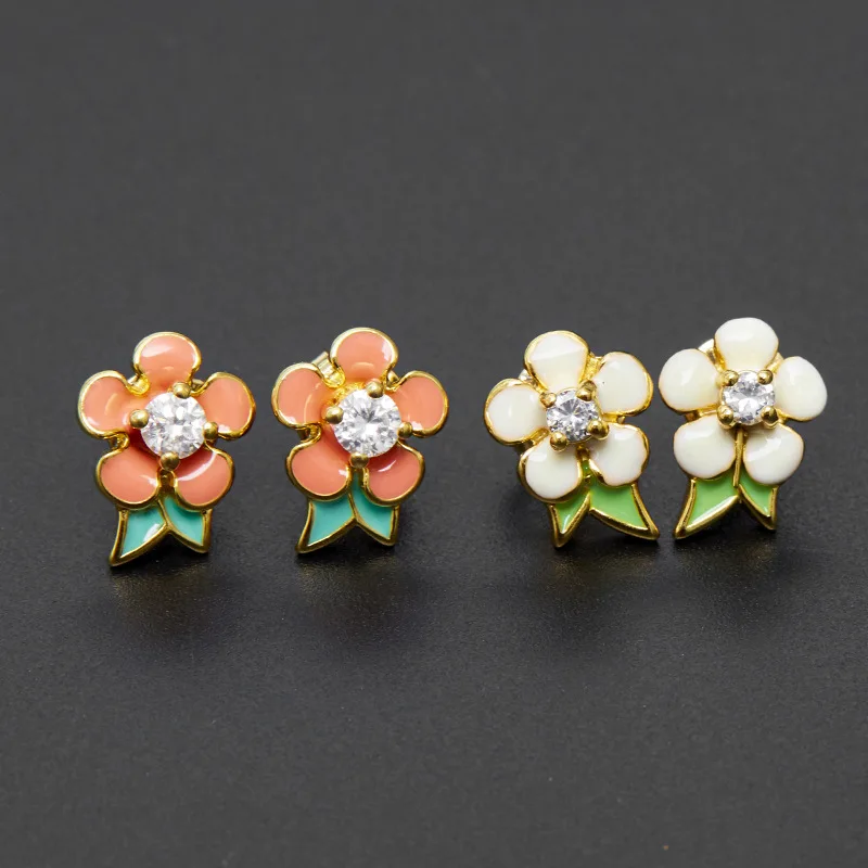 Fresh and Sweet Fashion Enamel Glaze White Orange Flowers Pastoral Style Clear Rhinestone Small Mini Plum Blossom Stud Earrings