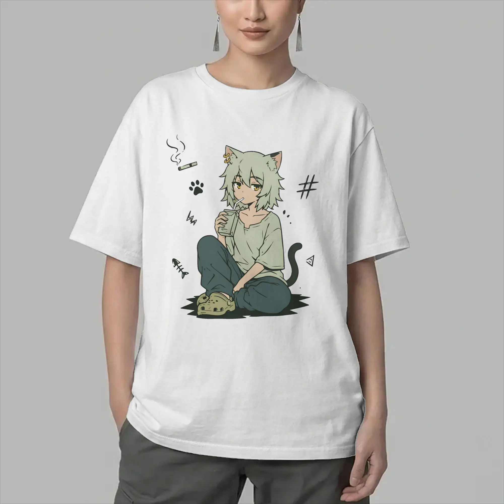 Men Chainsmoker Cat Yani Neko Anime T Shirts  100% Cotton Tops Humor Short Sleeve Crewneck Tee Shirt New Arrival T-Shirts
