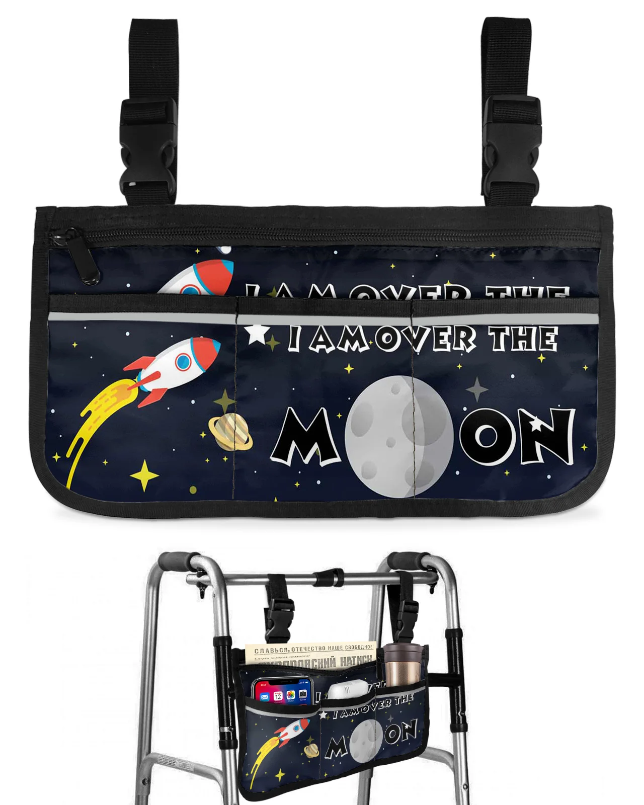 Space Universe Rocket Spaceship Moon Planet Wheelchair Bag Armrest  Side Bags Electric Scooter Walking Frame Storage Pouch