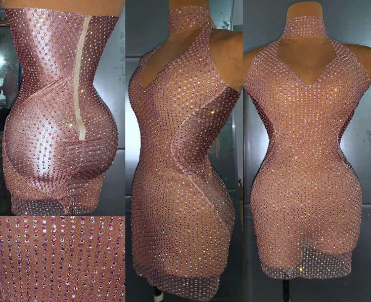 Strass cintilante feminino com decote em v mini vestido, bodycon sexy, vestido de aniversário, cantor de bar, boate, performance de palco, rosa