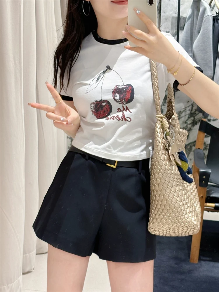 

Летняя универсальная хлопковая облегающая футболка Ro Cherry с принтом Blo ort Sve, женская круглая футболка Ne ort Le...