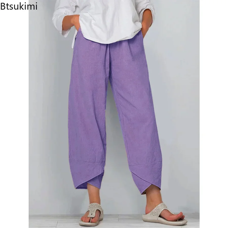 2024 Women\'s Summer Casual Cotton Linen Pants Vintage Loose Harem Pants Floral Printed Elastic Waist Wide Leg Pants Female S-5XL