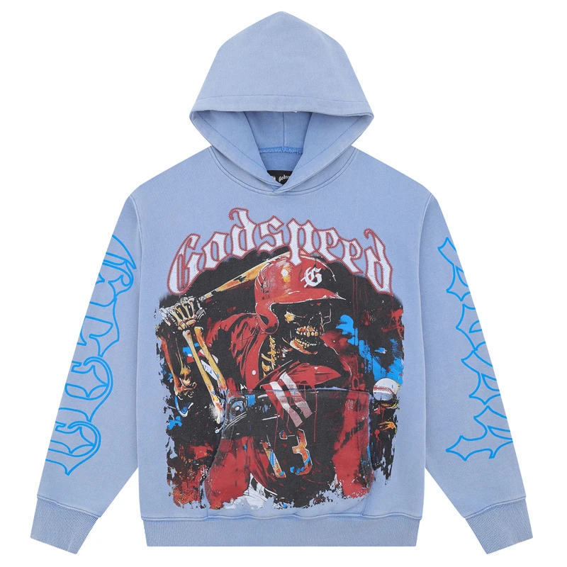 New Blue Godspeed Hoody Sweatshirts Funny Playing Baseball Skull Print Pullovers Men Women GOD SPEED Hoodies