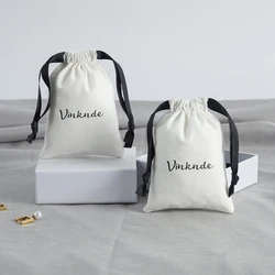 50pcs Little Muslin Bags 10x15cm Custom Double Drawstring Black Ribbon Cotton Jewelry Pouches Empty Sachet for Mini Gift Party