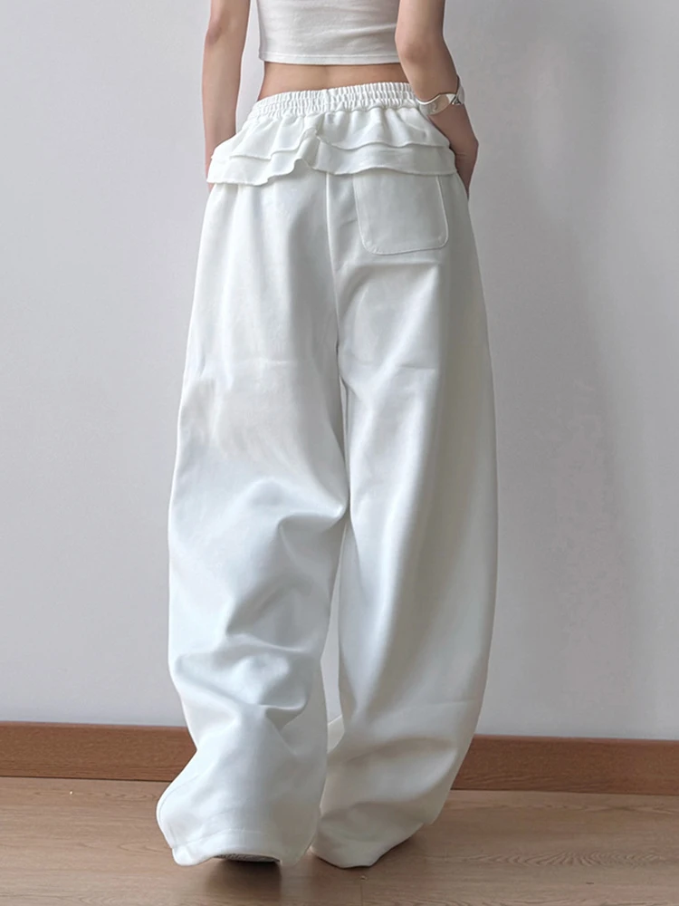 [Vibe] High Elastic Waist Gray Ruffles Drawstring Wide Leg Pants New Trousers Women Fashion Tide Spring Autumn 2025