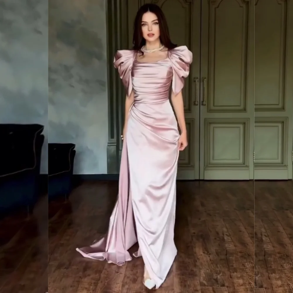 

Customized Modern Style Charmeuse Pleat Straight Square Neck Long Dresses Bespoke Occasion Classic Casual