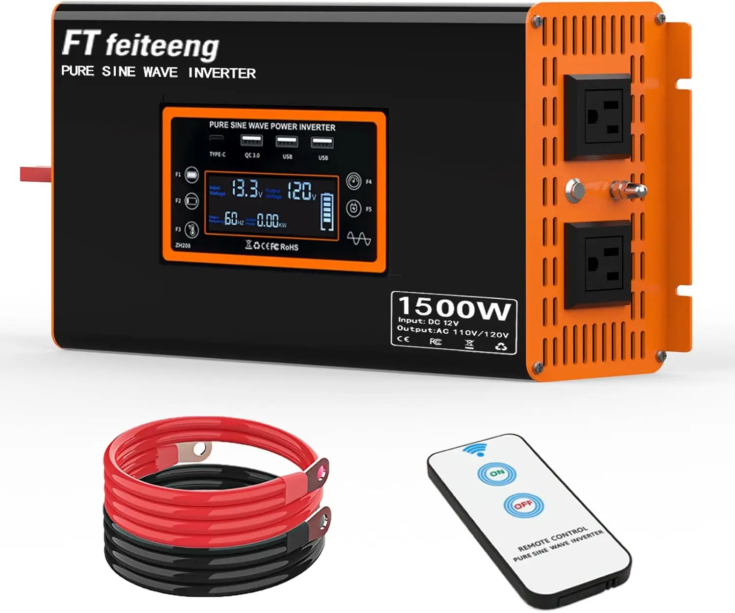 

1500W Pure Sine Wave Inverter 12V to 120V, Solar Off-Grid & Emergency Power, LCD Temp Control, Dual Fast Charger for RV/Camping