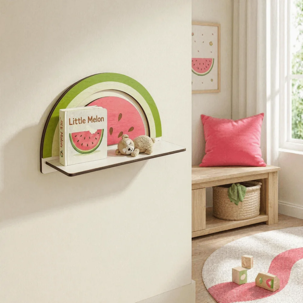 Watermelon Crown Shape Wooden Storage Shelf Rainbow Shape Creative Design Floating Display Rack Wall Mounted Fruit Crown Shape