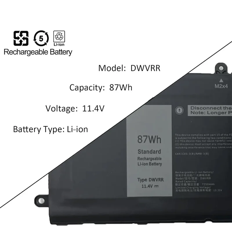 DWVRR 11.4V 87Wh Bateria do laptopa Dell Alienware x17 R1 R2 Alienware x15 R1 R2 Inspiron 16 7620 2-w-1 Notebook 0017GN