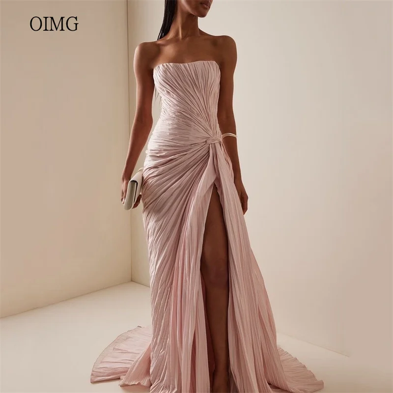 

OIMG Pink Strapless Mermaid Prom Gowns Side Slit Pleated Party Gown Floor Length Gala-ready Evening Dress Customized