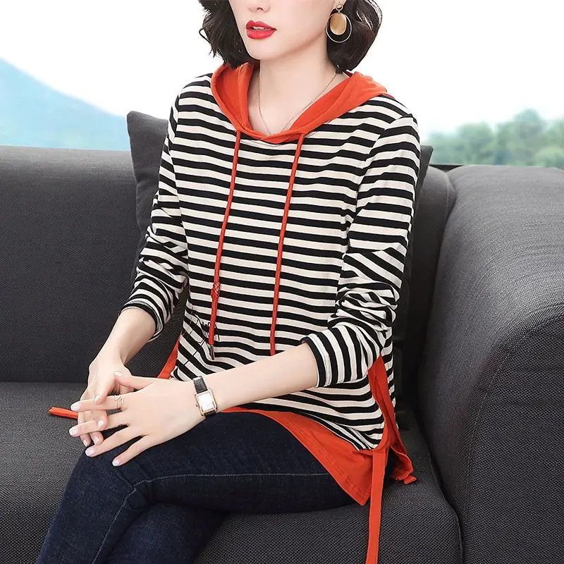 Women's Casual Striped Printing T-shirt Long Sleeve 2023 Spring and Autumn New Loose Patchwork Drawstring Hooded Pullover Tops
