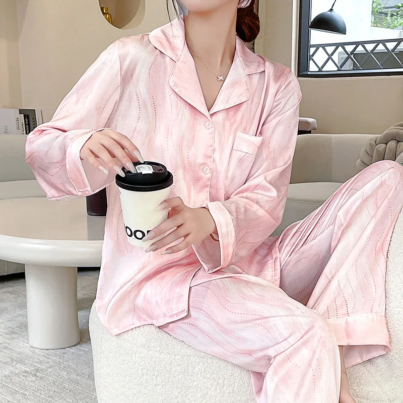 

Long Sleeve Trouser Suits Sleepwear Print Purple Satin Nightwear Women 2Pcs Pajamas Set Lounge Wear Spring Summer Loose Homewear