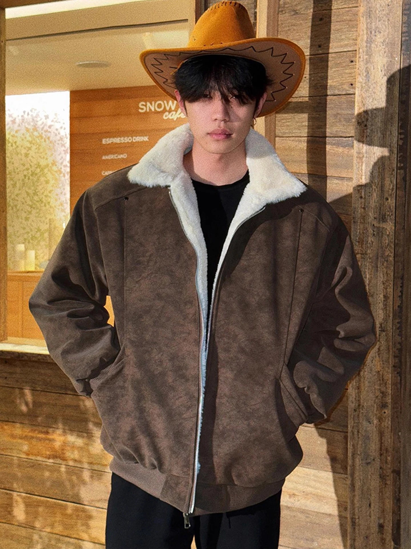 Thiened Warmth Cappotto invernale da motociclista Jaet da uomo in velluto di agnello e cotone con Fce Youth Trendy Loose Fit Long Sve