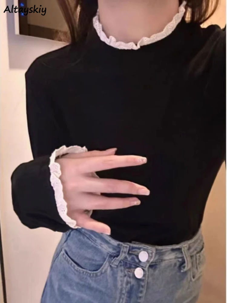 T-shirts met lange mouwen Dames Herfst Kant Patchwork Halfhoge kraag Schimmel Trendy Mode Innerlijke Basic All-match Casual Ulzzang Ins