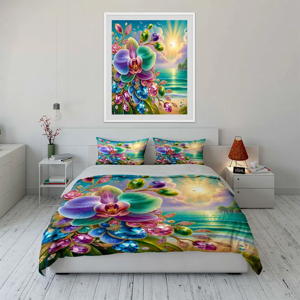 Colorful Flowers, Gems, and Sunny Beach Print Soft Comfortable Duvet Cover Bedding Set Included 1*Duvet Cover  2*Pillowcases